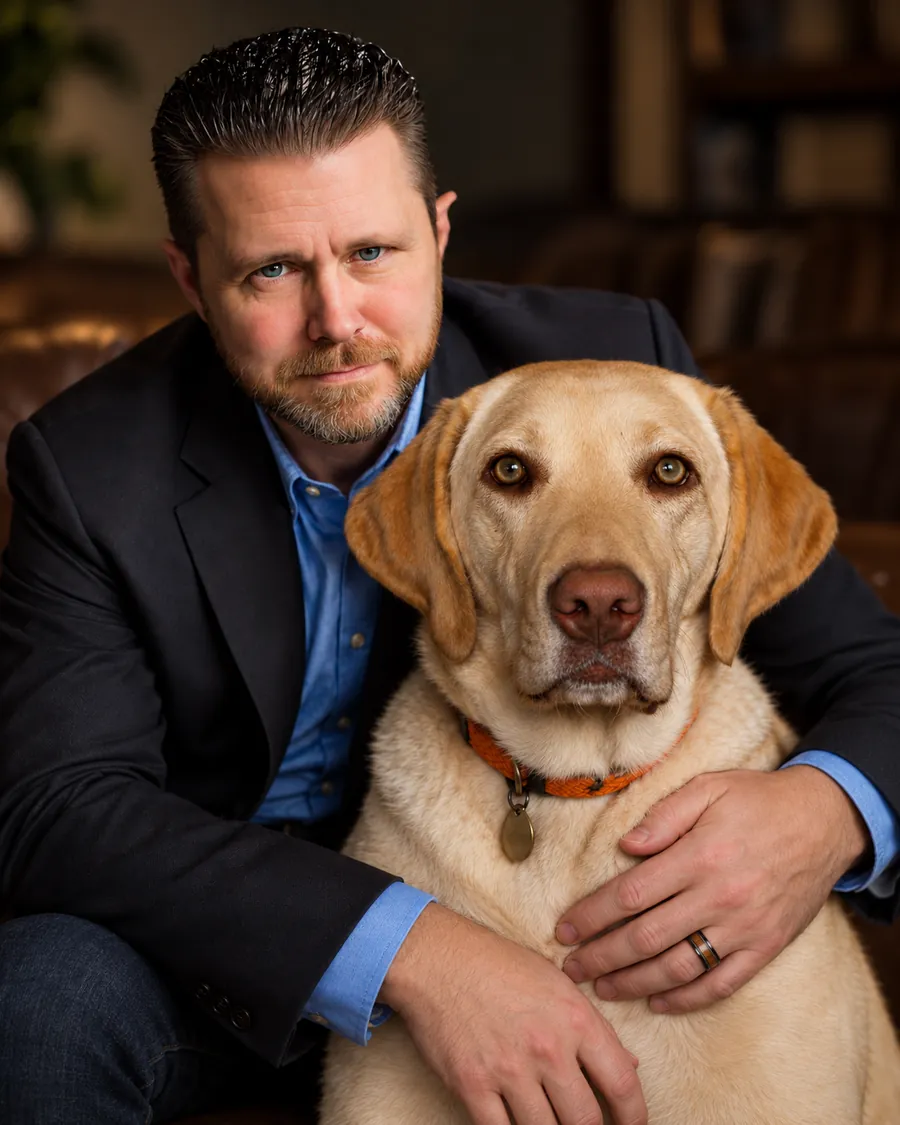 Nick Sanders with his yellow Labrador, Rena